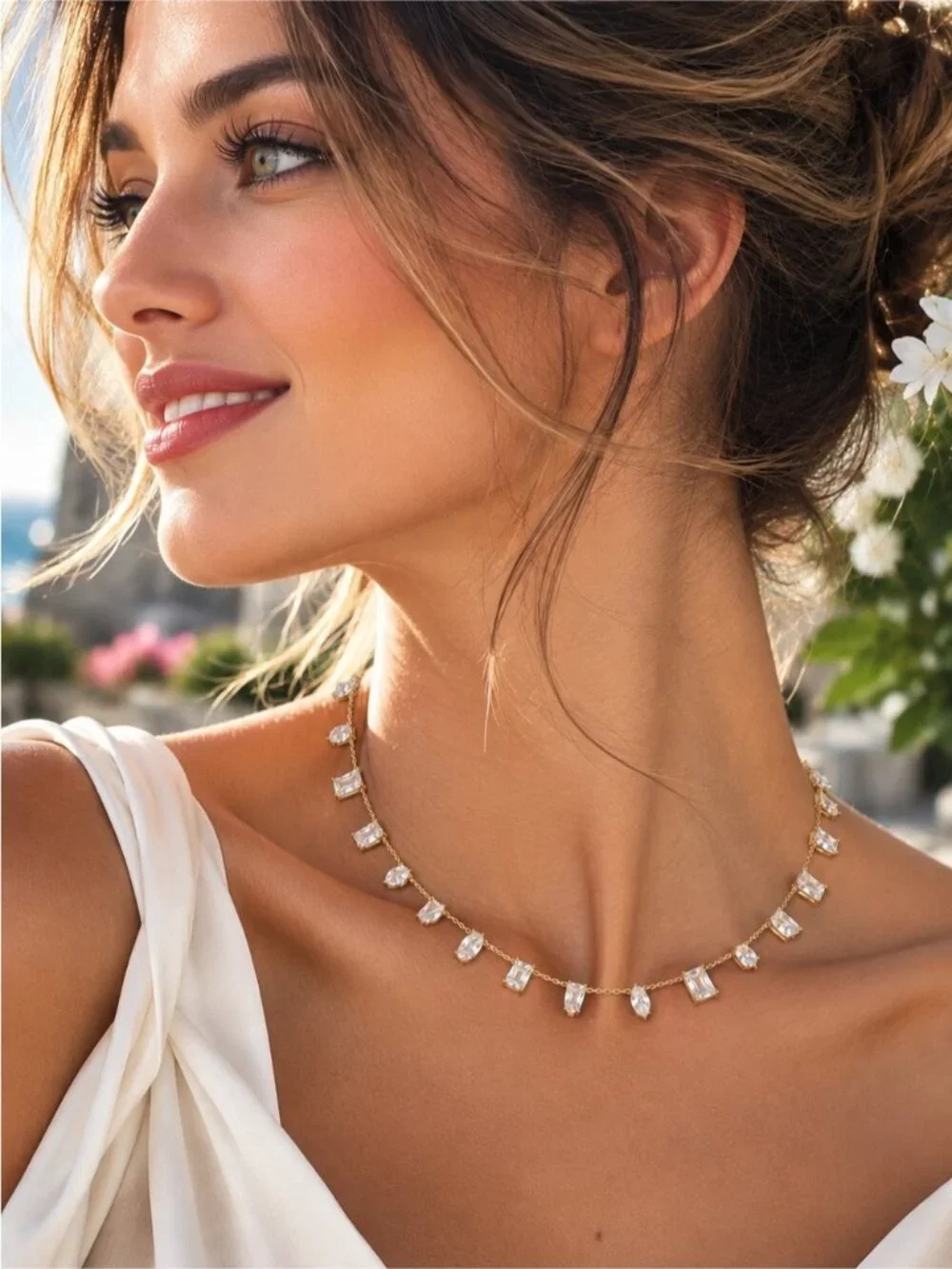 Gold Necklace with Clear Crystal Drops